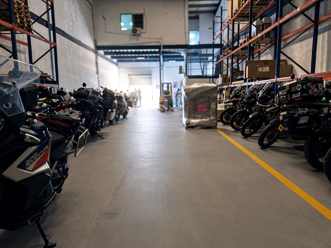 Bodega de E-Cargo Logistics con motos y estanterías de carga